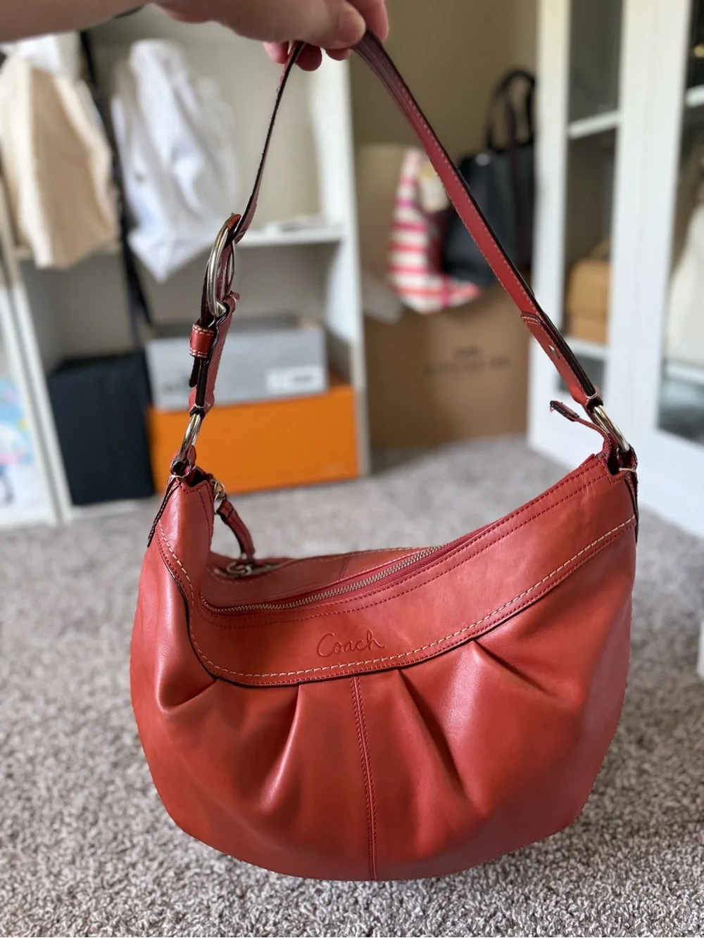 Coach Burnt orange Leather Hobo Bag with Silver Hardware